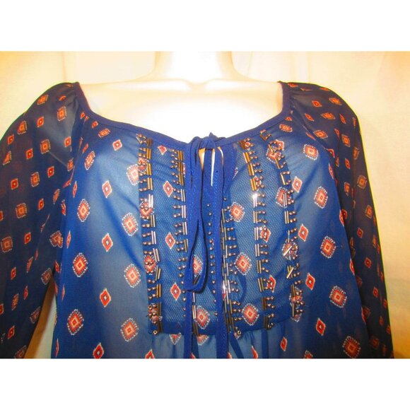 BLU PEPPER navy geometric peasant bead sheer blouse top WOMEN M - Picture 2 of 7